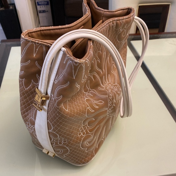 Samoe Square Top Handle Bag Mixed Colors Pockets Size 10H X 8L Brown Tan Beige - Picture 2 of 16